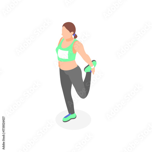 Isometric view of a woman performing a quadriceps stretch, highlighting fitness and active lifestyle