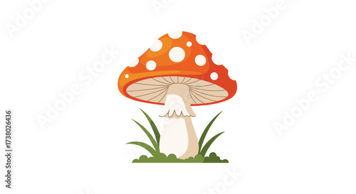 An enchanting forest floor scene featuring a whimsical spotted mushroom growing amongst vibrant green grass.