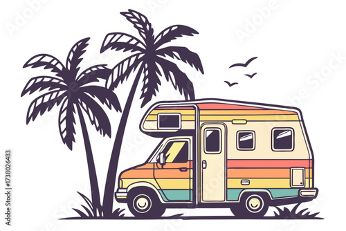 Rainbow Camper Van Under Palm Trees with Birds motorhome