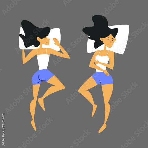 Two women sleeping in different positions on a grey background illustration