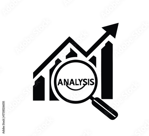 Analytics icon with magnifier. Analysis graph diagram up icon, business growth success chart with arrow, business bar sign, profit growing graph icons, growth chart – stock vector
