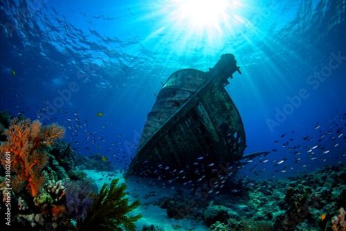 Принти на полотні Sunken Shipwreck with Coral Reef Underwater Scene