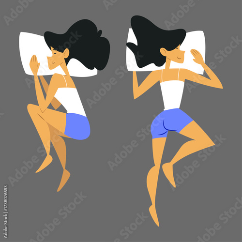 Diverse Sleeping Positions Depicted by Two Women on a Plain Gray Background - A Stylized Illustration