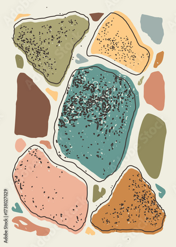 Colorful abstract pebble shapes with organic texture and aesthetic painting style. Perfect background for wallpaper, poster, decor, artwork, branding, packaging, invitation, and modern printables.