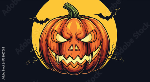 A spooky jack o lantern glows menacingly under the moonlight with bats flying around.