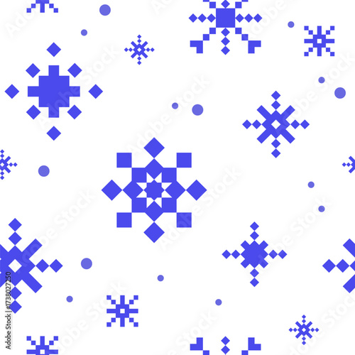Seamless pattern with pixel art snowflakes in geometric blue shapes on a white background for winter backgrounds, holiday cards, wrapping paper, digital textiles, web design, packaging. Vector
