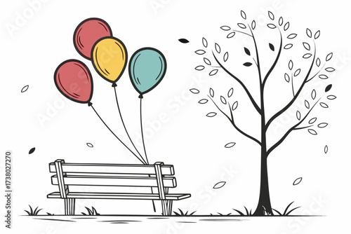 Red yellow teal balloons tied to wooden bench near tree