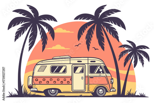 Retro camper van on a beach at sunset with palm trees