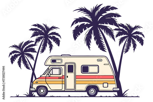 Retro camper van parked under palm trees motorhome