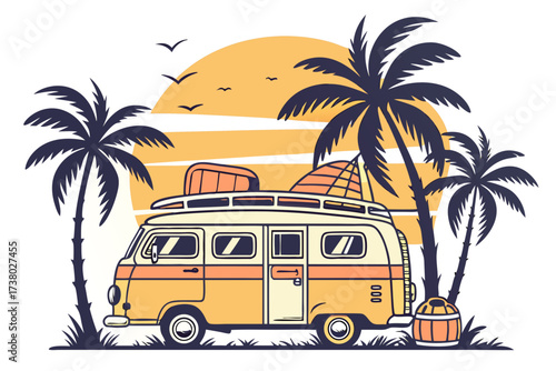 Retro camper van with palm trees and sunset vintage