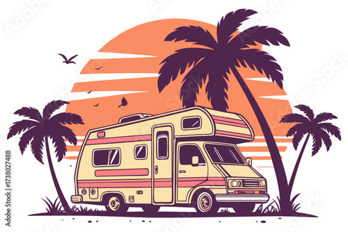 Retro camper van with palm trees and sunset motorhome