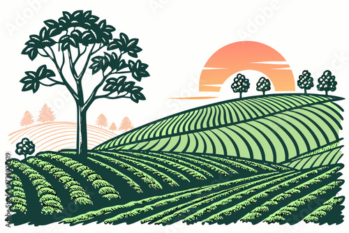 Rolling green hills with a sunrise and a lone tree