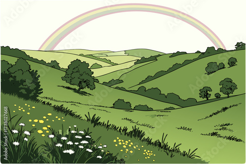 Rolling green hills with rainbow and wildflowers rolling landscape