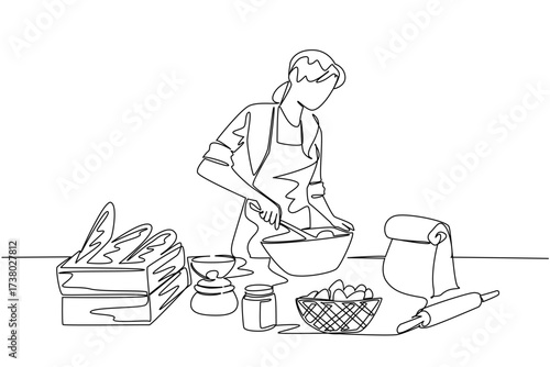 Continuous one line drawing a woman is kneading dough. Processing food with mind and heart. Cooking hobby that brings in money. Business. World Baking Day. Single line draw design vector illustration