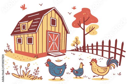 Rustic farmyard with colorful chickens and barn illustration