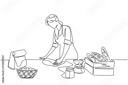 Single continuous line drawing a woman flattens the dough using a rolling pin. A fun new hobby. Getting creative with cooking. Delicious snacks. World Baking Day. One line design vector illustration