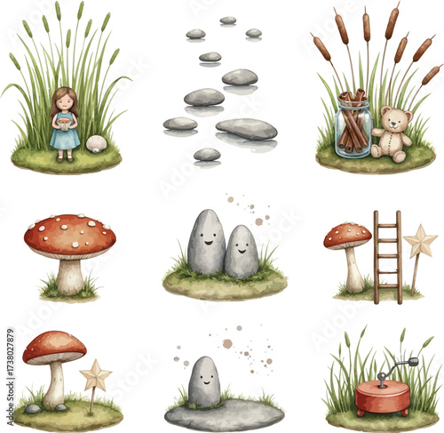 Mushroom and Grass Illustration Set with Edible and Toadstool Fungi