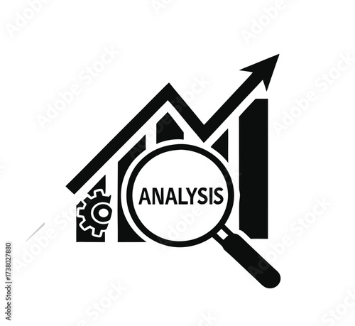 Analytics icon with magnifier. Analysis graph diagram up icon, business growth success chart with arrow, business bar sign, profit growing graph icons, growth chart – stock vector
