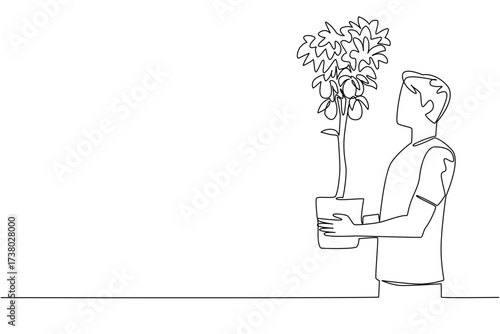 Continuous one line drawing a man holding a lemon tree in a pot that is already bearing fruit. Examples of successful cultivation. Plant a Lemon Tree Day. Single line draw design vector illustration