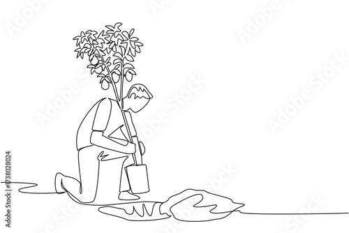 Single continuous line drawing a man inserts lemon tree bearing fruit into a hole in the ground. Well cultivated. Delicious and refreshing. Plant a Lemon Tree Day. One line design vector illustration