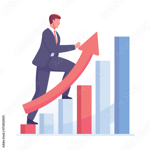 Businessman climbing up red arrow on rising bar chart representing growth