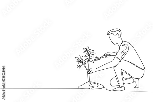 Single one line drawing woman is planting a lemon tree on the ground. Planting young trees slowly. Young farmer. Vitamin rich fruit. Plant a Lemon Tree Day. Continuous line design graphic illustration