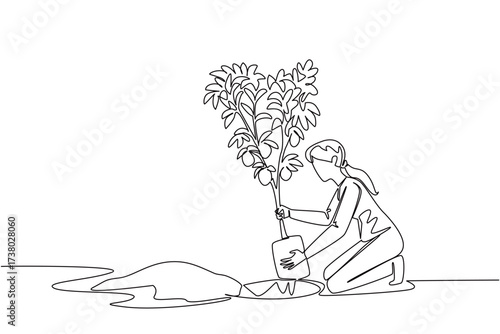 Single continuous line drawing woman inserts a lemon tree bearing fruit into a hole in the ground. Instead of buying, it is better to plant. Plant a Lemon Tree Day. One line design vector illustration
