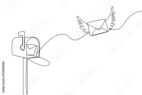 Single continuous line drawing open mailbox with a winged envelope flying towards the mailbox. Send directly to destination. Send an Electronic Greeting Card Day. One line design vector illustration