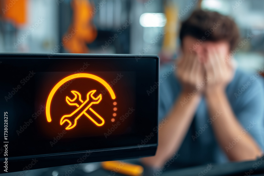 Obraz premium Anxious Driver Staring at Car Dashboard Warning Light