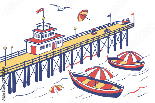 Seaside pier with boats and umbrellas ocean water