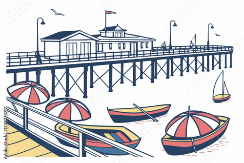 Seaside pier with boats and umbrellas on white background