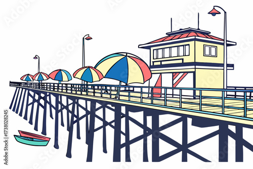 Seaside pier with colorful umbrellas and boats ocean