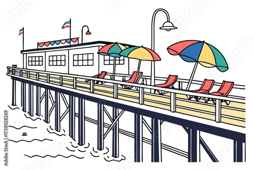 Seaside pier with colorful umbrellas and chairs beach 1