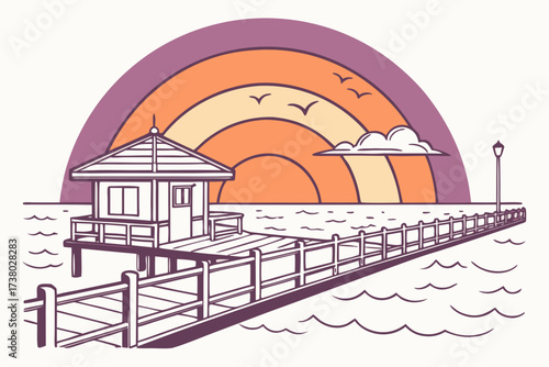 Seaside pier with rainbow sunset and birds ocean water