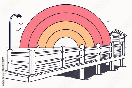 Seaside pier with rainbow sunset and lifeguard hut