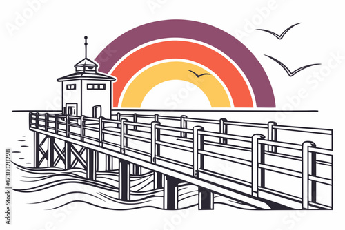 Seaside pier with rainbow sunset and seagulls ocean