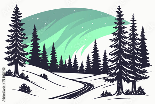 Snowy forest with aurora borealis and winding path