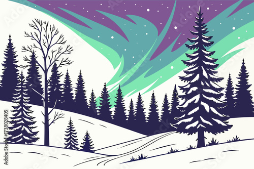 Snowy forest under purple and green aurora borealis 1