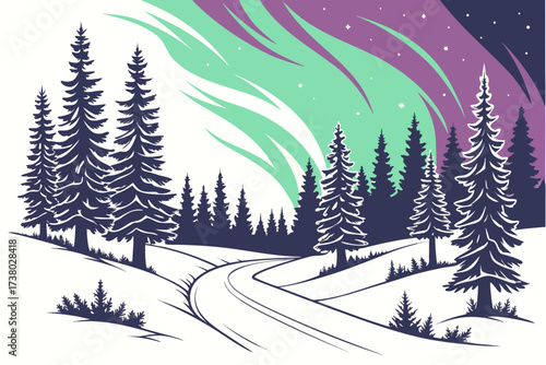 Snowy forest with colorful aurora borealis northern lights