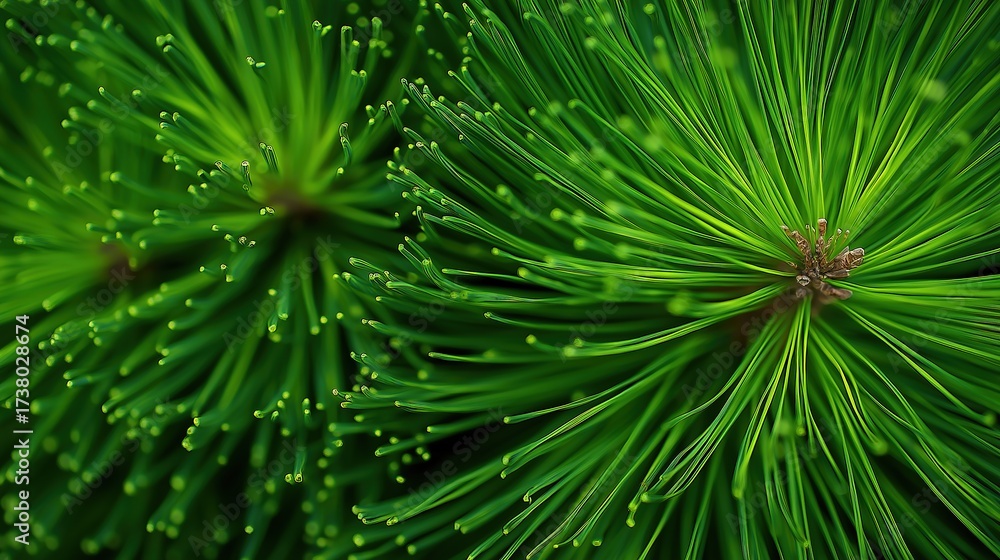 Obraz premium Close-up of vibrant green Arctic cypress foliage with small leaves and glistening water droplets in bright sunlight, soft blurred background highlighting intricate texture. Ideal for botanical studies