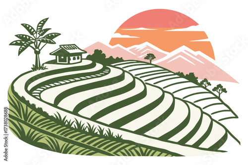 Stylized Rice Terraces with Sunset and Mountains hillside