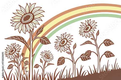 Stylized sunflowers and rainbow arc design farm field