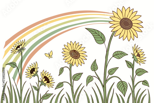 Sunflowers and rainbow arc on white background yellow