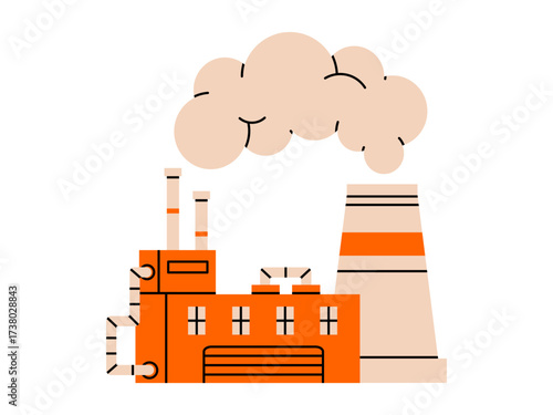 Hand drawn cute illustration of factory with smoke from pipe. Flat vector plant chimney building doodle. Environmental change sticker, icon. Industrial waste pollution. Isolated.