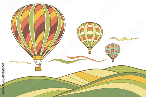 Three colorful hot air balloons over rolling hills 1