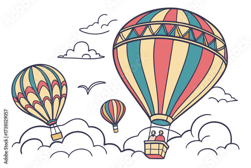 Three colorful hot air balloons floating in the sky