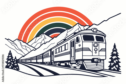 Train travel through mountains under a colorful rainbow