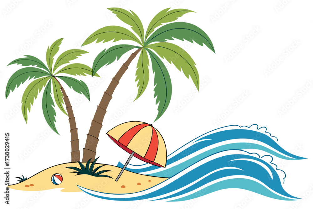 Fototapeta premium Tropical beach scene with palm trees and beach ball