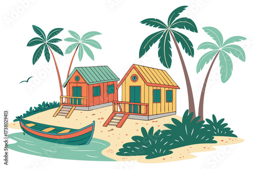 Tropical beach huts and boat on white background tropical island