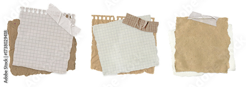 Set of Torn Vintage Notebook Paper. Aged grid sheets, spiral notes and blank textured pieces for scrapbooking, note, journal, diary and craft collage isolated on transparent background